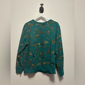 Stussy Vintage Teal Sweatshirt with Gold Saxophone and Eight Ball Print